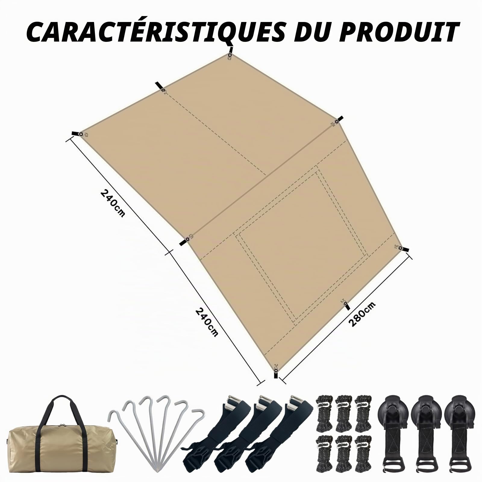 2,8 x 4,8 m - Auvent de Caravane - Tente de hayon pour Camping-Car, Bus, Van, étanche et Protection Solaire - Voile d'ombrage Universelle - Tente de Voiture - Store avec fenêtre d'écran