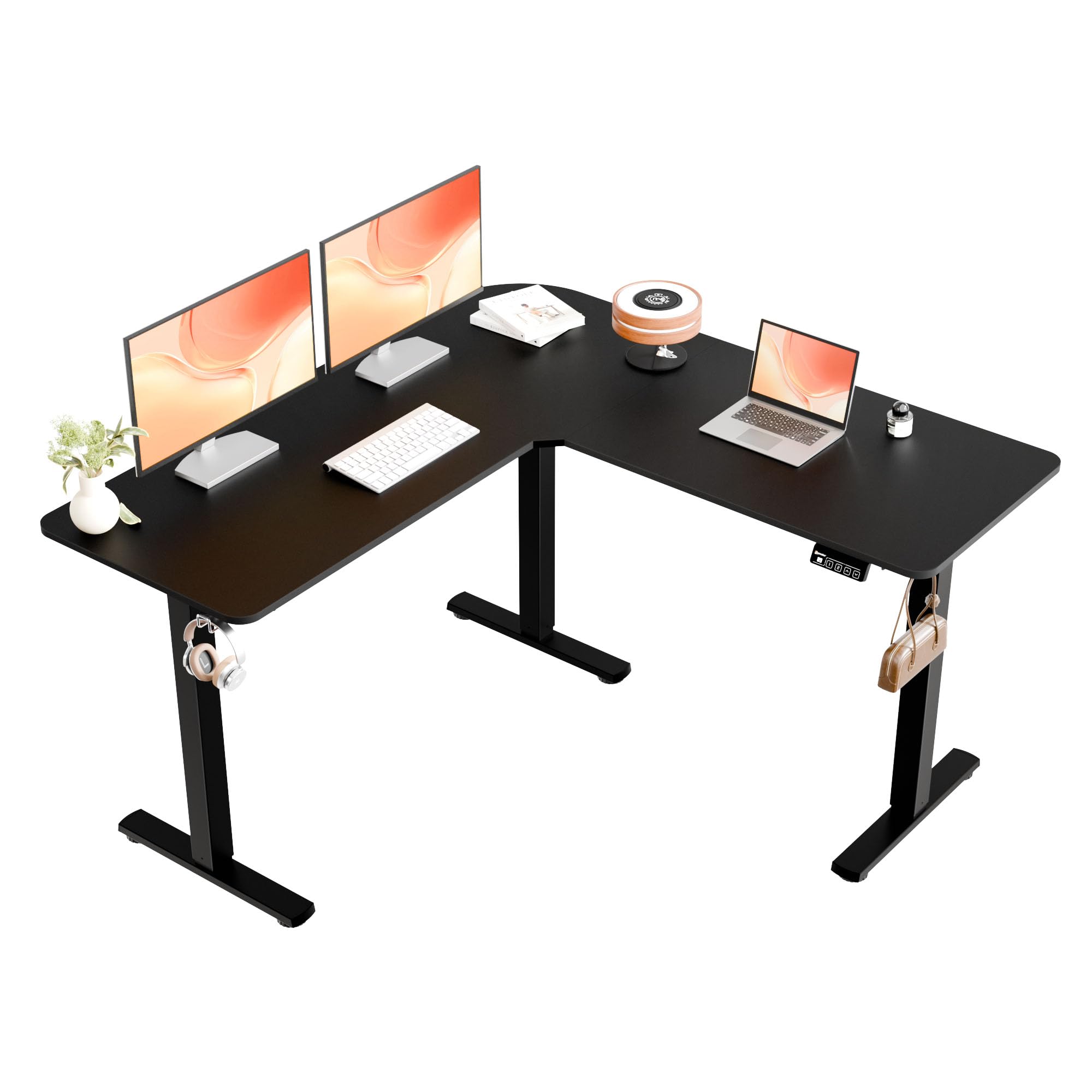 ERGOMAKER L Shaped Standing Desk, Corner Standing Desk with Memory Control, 129x50cm Electric Height Adjustable Desk with Hooks, Sit Stand Desk for Office Home, Black
