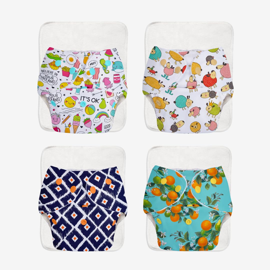 SuperBottoms BASIC Pack of 4 Freesize Adjustable, Washable and Reusable Cloth Diaper for babies 0-3 Years | One Size Adjustable Diapers (Pack of 4 diapers+ 4 inserts) Assorted prints-image-25