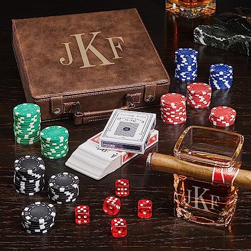 Personalized Poker Chip Set with Leather Case and Cigar Holding Glass