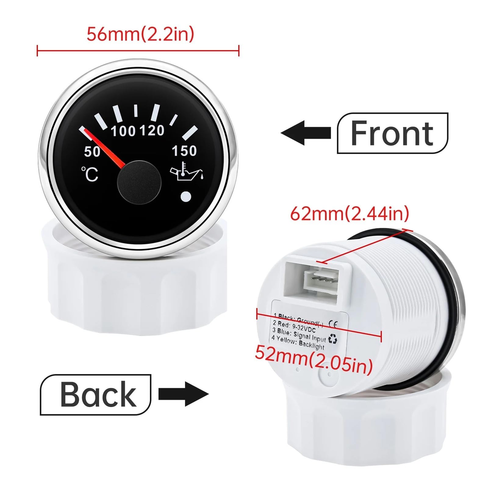 Medidor de temperatura de aceite Universal for coche de 52mm con alarma, indicador de temperatura de aceite de 50~150 ℃, luz trasera roja for yate de barco 12V24V Lectura clara(WS Gauge)