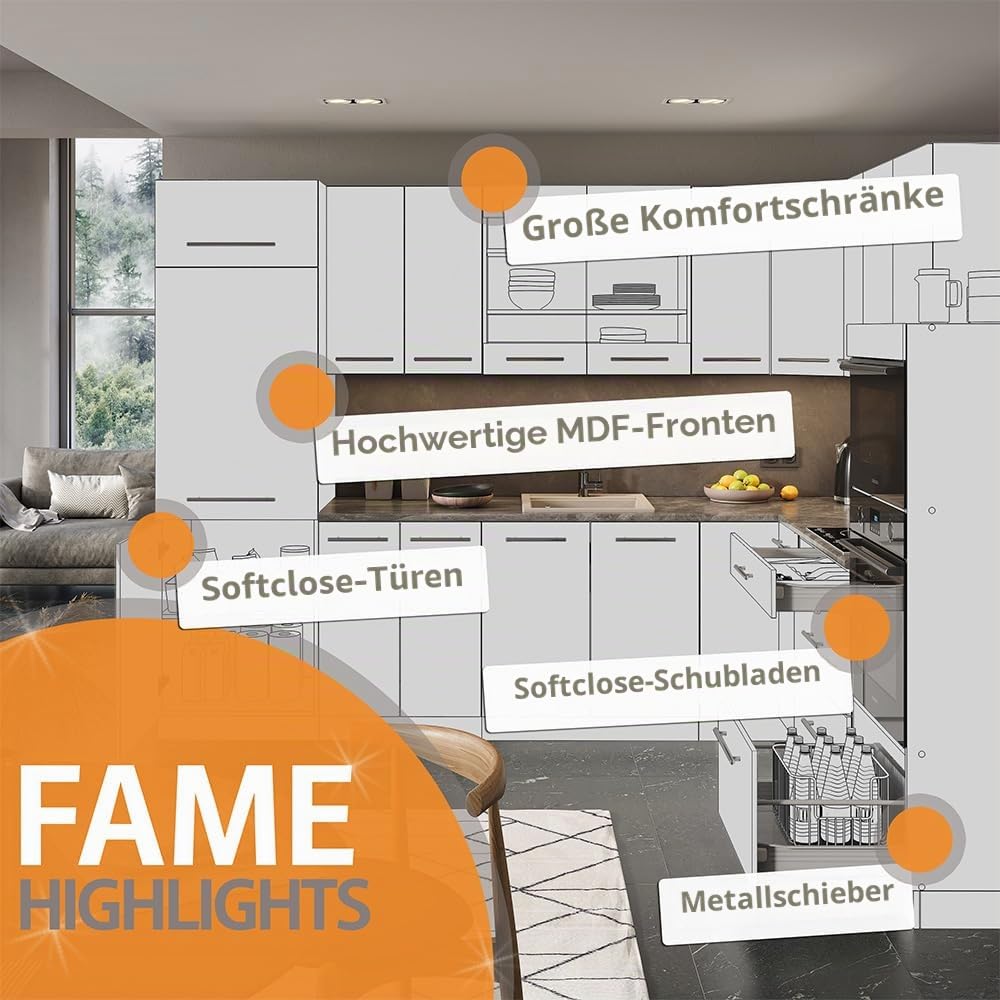 Vicco Küchenzeile Fame-Line, Goldkraft Eiche/Anthrazit, 300 cm | ohne Arbeitsplatte, zur individuellen Erweiterung mit kompatiblen Modulen