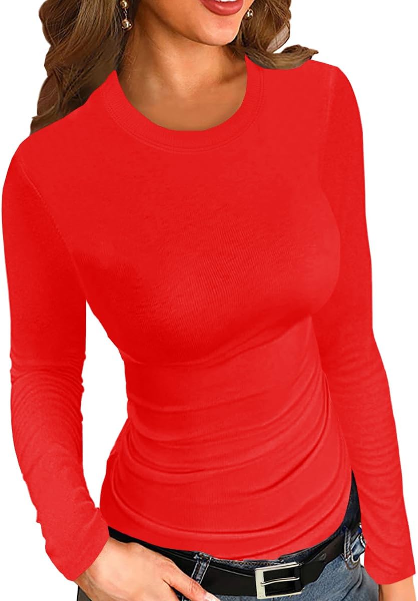 Afibi Women Ribbed Long Sleeve Crew Neck Slim Fit Stretchy Basic T Shirts Tops