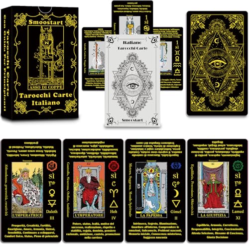 Smoostart Cartas de tarot italiano con significados, mazo de cartas de tarot con guía para principiantes, palabras clave, elemento, planeta, zodiaco, chakra, sí o no, tono musical, numerología,