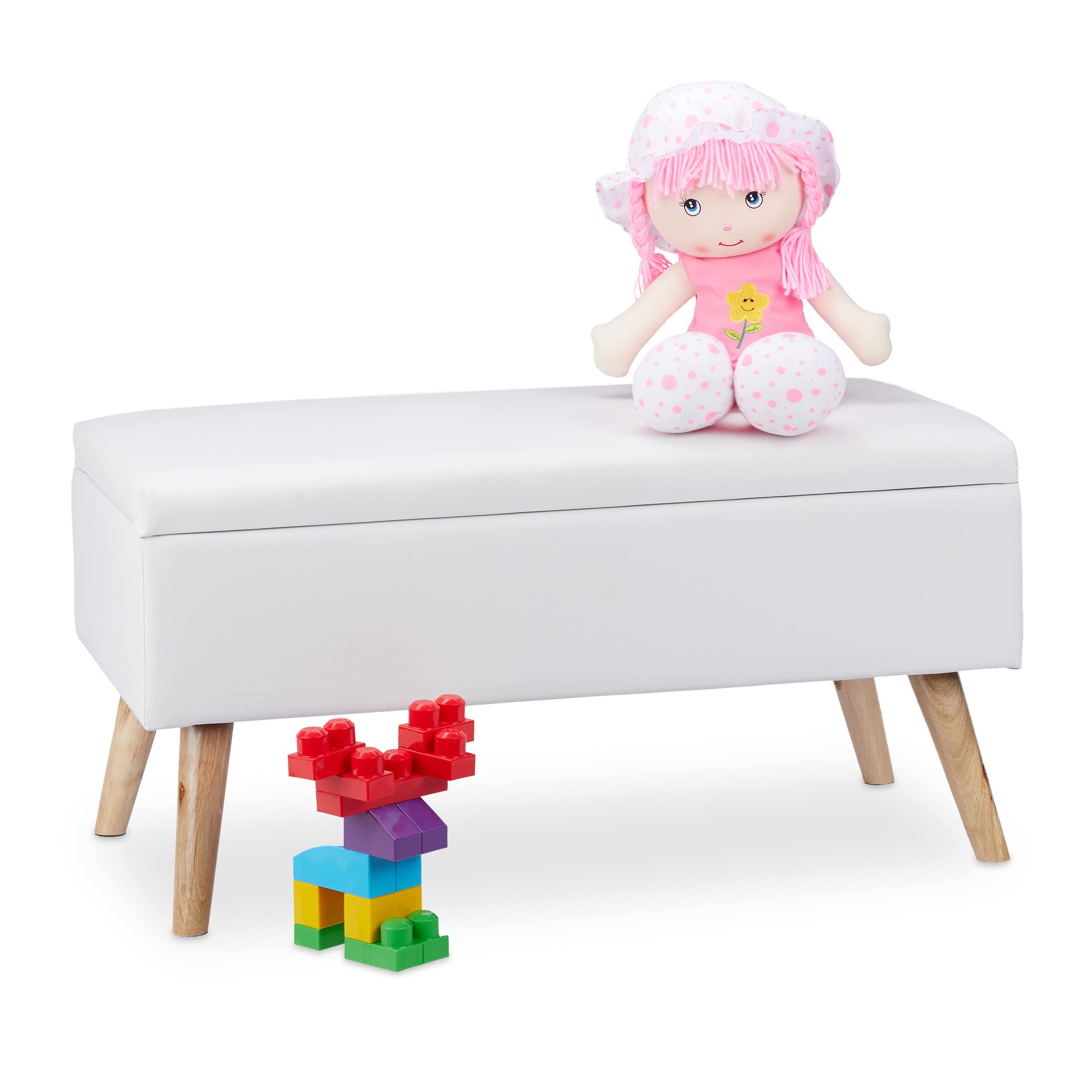 Relaxdays hocker met opbergruimte, 40 l, met deksel, houten poten, kunstleer, HxBxD: ca. 40x80x39,5 cm, donkergrijs