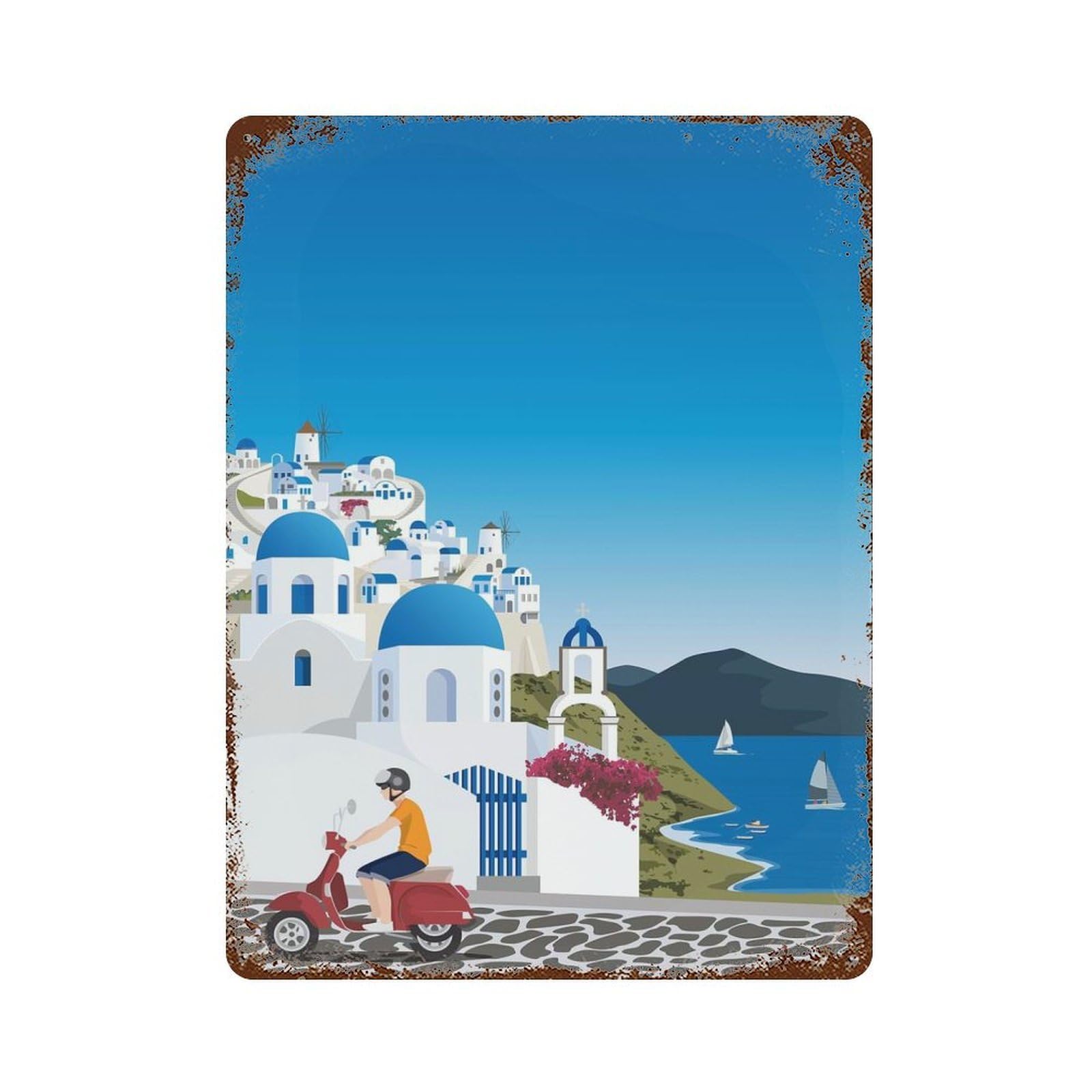 Santorini Travel Print Weathered Tin Sign 15.7"x11.8", Retro Wall Decor for Pub, Kitchen And Man Cave Decor