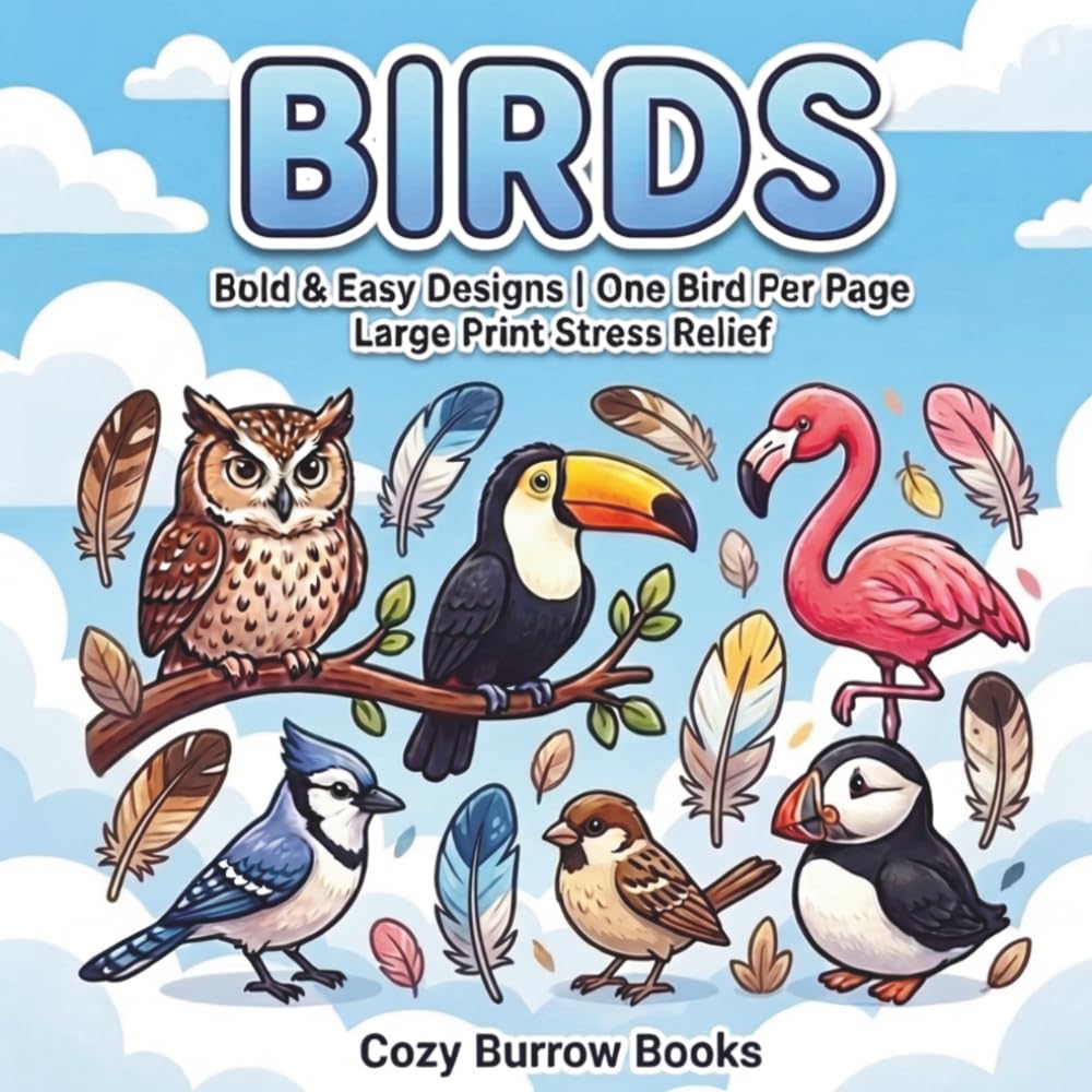 Birds: Bold and Easy Coloring Book for Adults & Kids | One Bird Per Page | Large Print Stress Relief