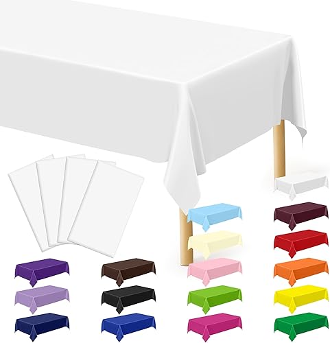 Paquete de 4 manteles de plástico blanco, mantel desechable resistente, manteles de papel de 54 x 108 pulgadas para fiestas, limpieza sin esfuerzo