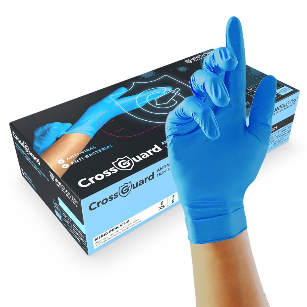 UNIGLOVES CrossGuard Blue Antimicrobial Nitrile Disposable Gloves, Medical-Grade, Puncture and Chemical Resistant, Box of 100 Gloves, Size XS