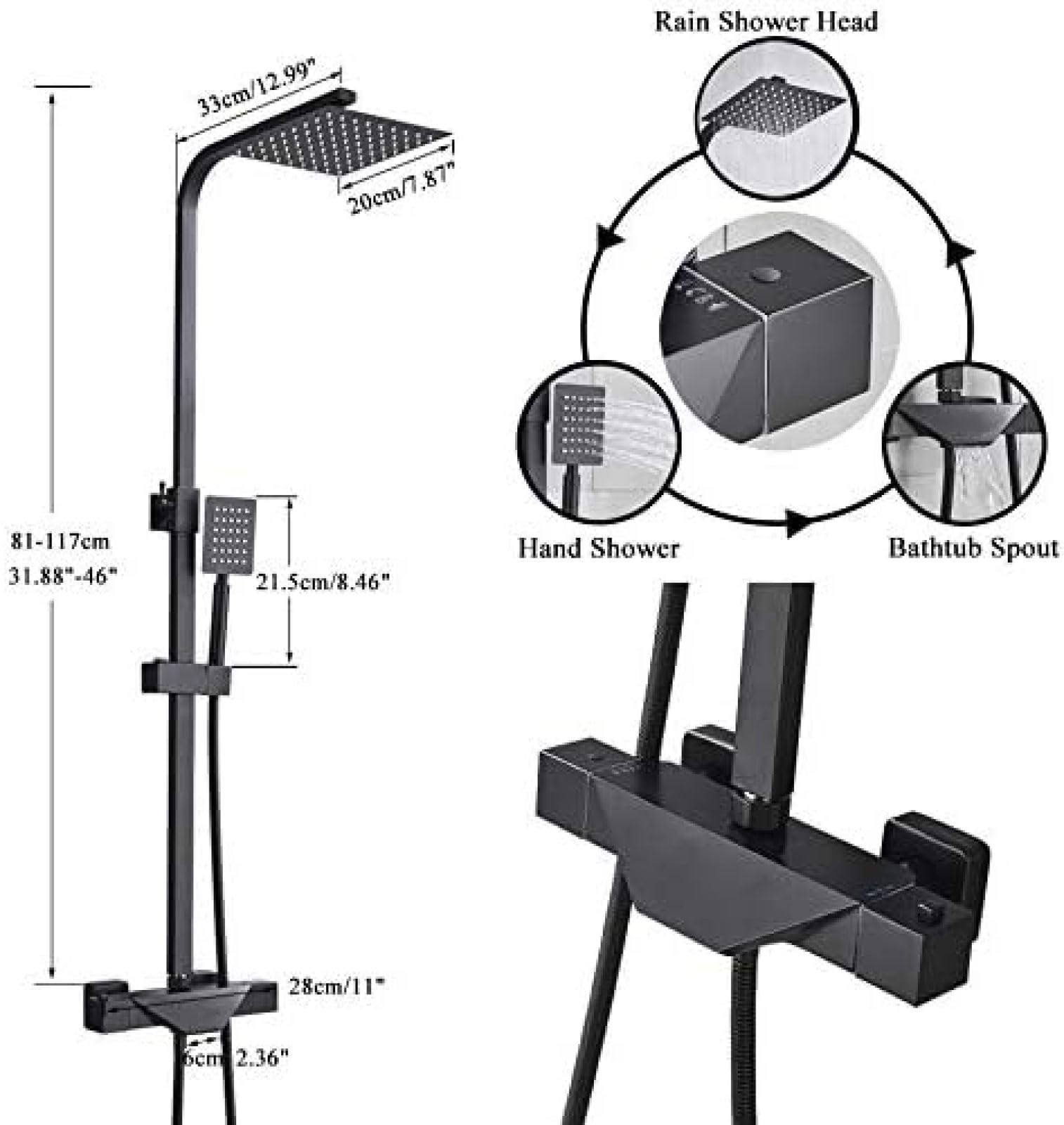 System prysznicowy, bateria łazienkowa, czarna głowica prysznicowa z deszczownicą, bateria termostatyczna do wanny, bateria ścienna do wanny i prysznica, bateria prysznicowa, zestaw prysznicowy