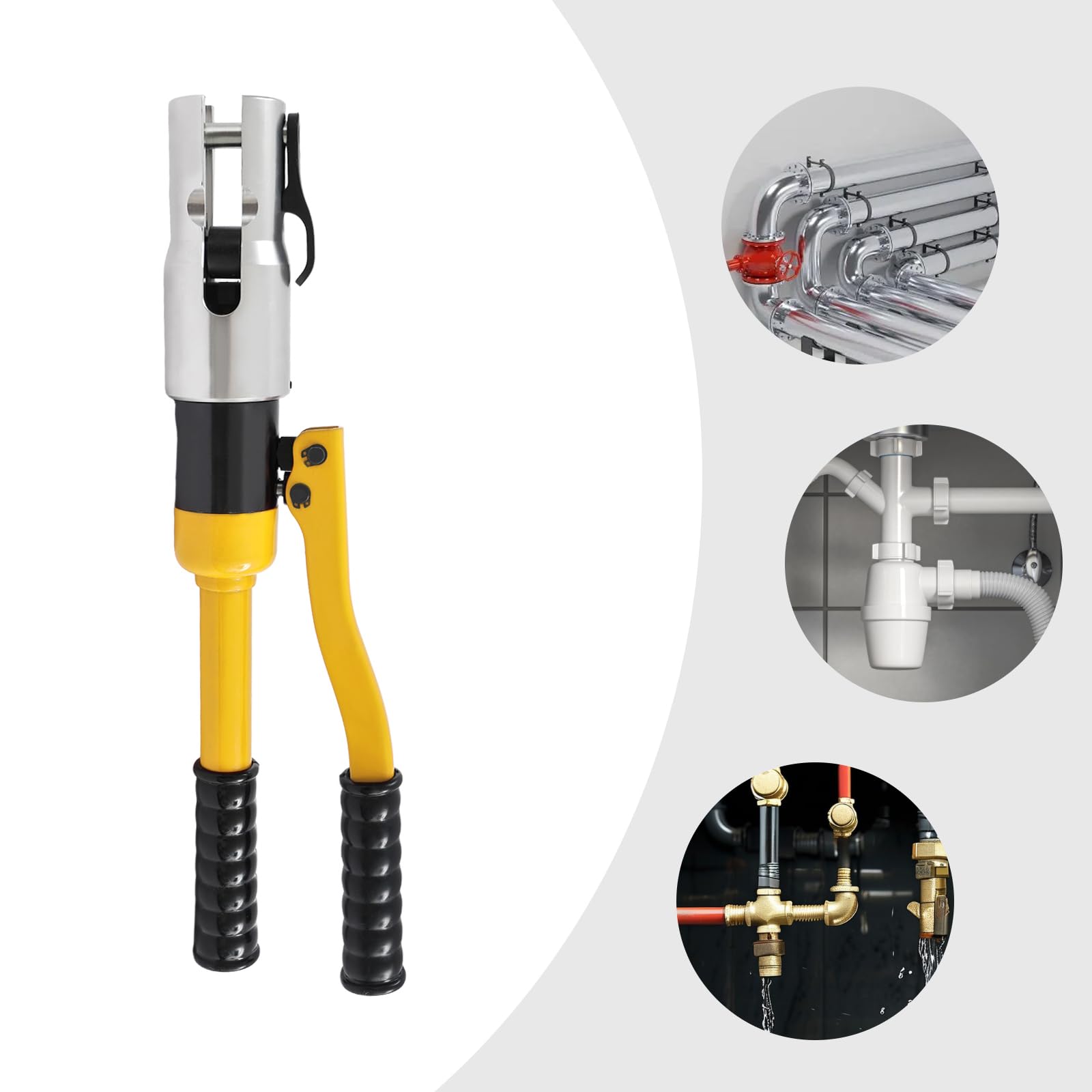 Szczypce hydrauliczne do prasy do rur, 6 ton, siła docisku 16-32 mm, do rur PPR PEX PB PE, z głowicą obrotową 360° i 8 matrycami, profesjonalny zestaw, srebrny