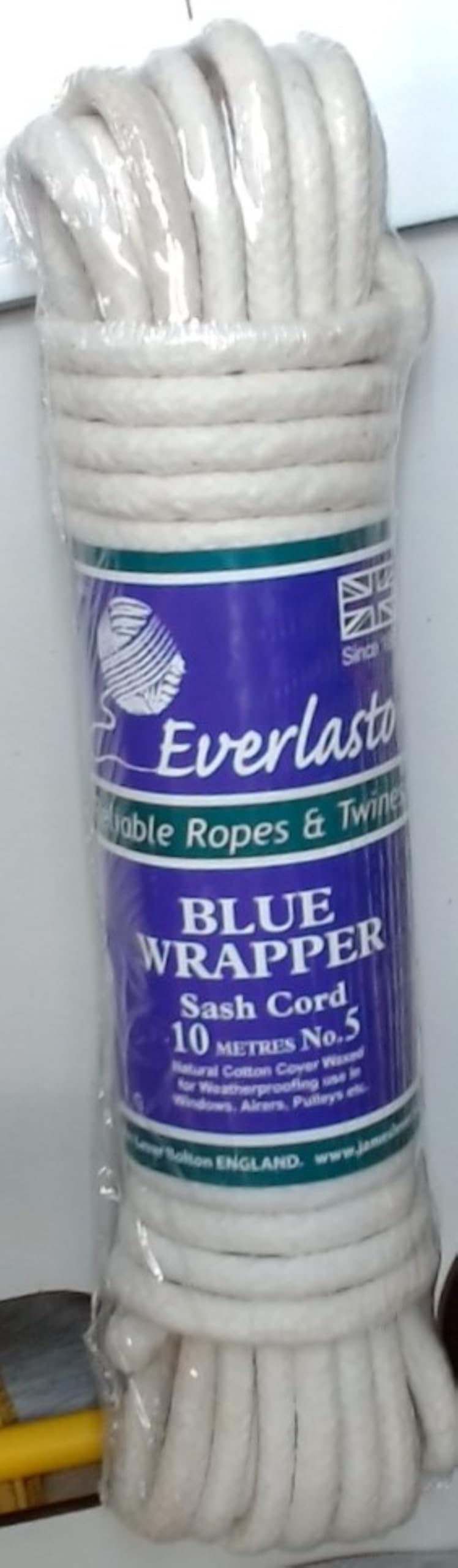 Everlasto 'Blue Wrapper' UK Made Quality Waxed Cotton Sash Cord No.5 (8.5mm) x 10m, Natural, 8.5mm x 10M