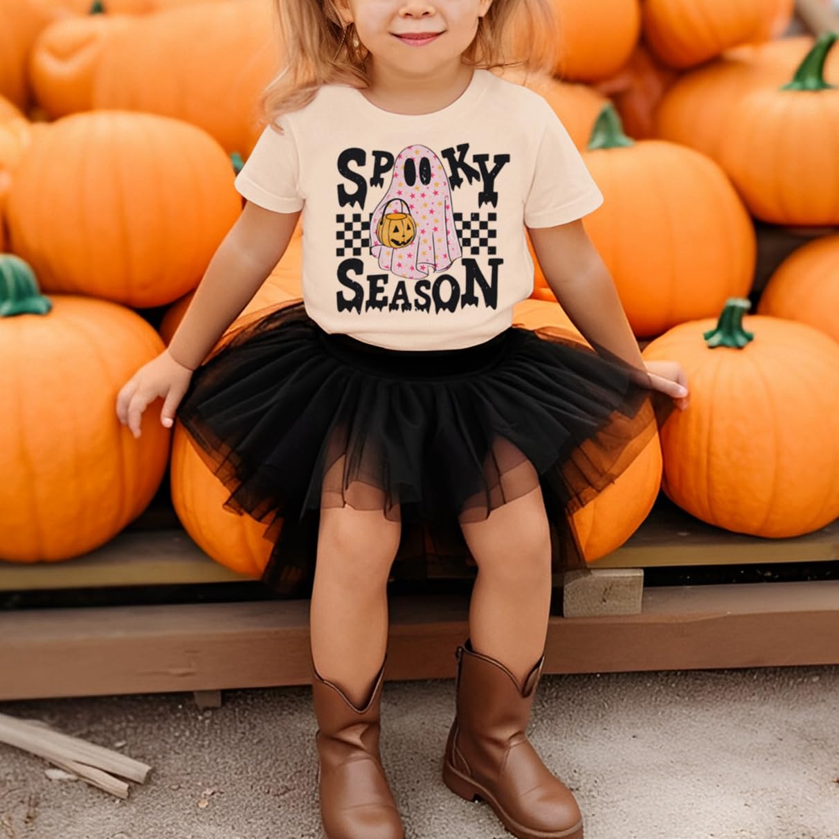 CM C&M WODRO Toddler Baby Girls Halloween Shirt Spooky Season T-Shirt Funny Ghost Pumpkin Graphic Short Sleeve Tee Kids Top (Beige, 5-6X)