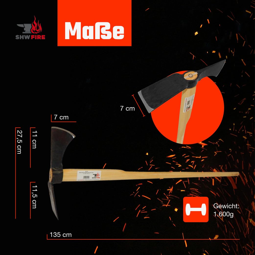 SHW-FIRE | Azada wiedehopf pequeña con hoja ancha, acero especial forjado a mano, mango de madera de fresno de 135 cm, azada de jardín como herramienta de jardín y removedor de raíces - azada con