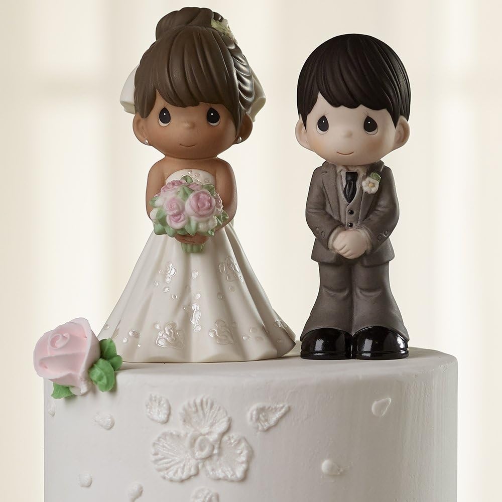 Precious Moments Perfect Couple Bride, Brunette Hair With Medium Skin Tone Bisque Porcelain Wedding Figurine & Cake Topper, 172065