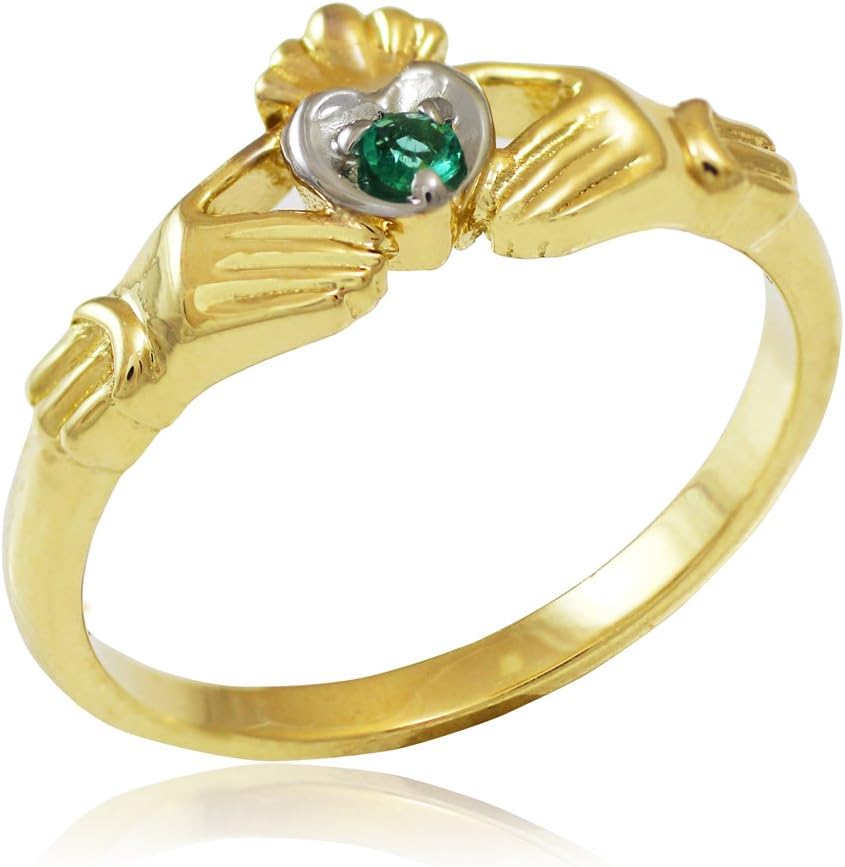 Women's 14k Two-Tone Yellow Gold Emerald on Heart Claddagh Ring