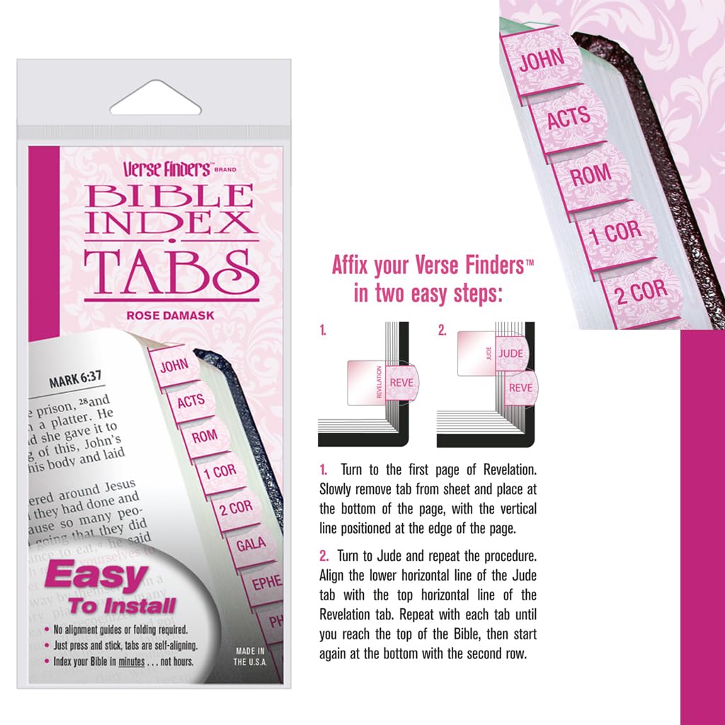 G.T. Luscombe Company, Inc. Rose Damask Verse Finder Bible Tabs | Easy to Install, Self-Aligning, Just Press & Stick | Horizontal Text | Complete Set of Tabs for The Old & New Testaments