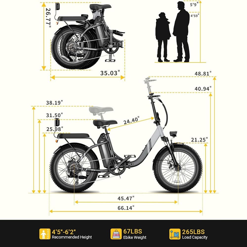 Vélo Électrique À Gros Pneus 20 Pouces,Vélo Électrique Pliable, Moteur sans Balais 250 W, Batterie Amovible 48 V15 Ah, Dérailleur 7 Vitesses, pour Hommes Et Femmes. Black
