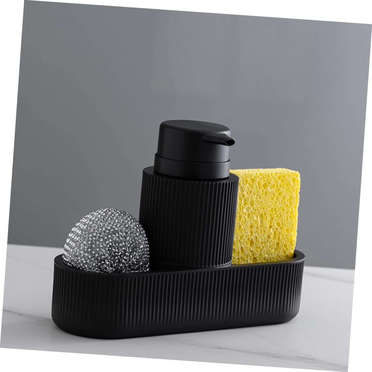 Dispenser per Detersivo Piatti Nero Pompa e Porta Spugna in Resina e Plastico, Design Elegante e Multifunzionale per Lavello Cucina