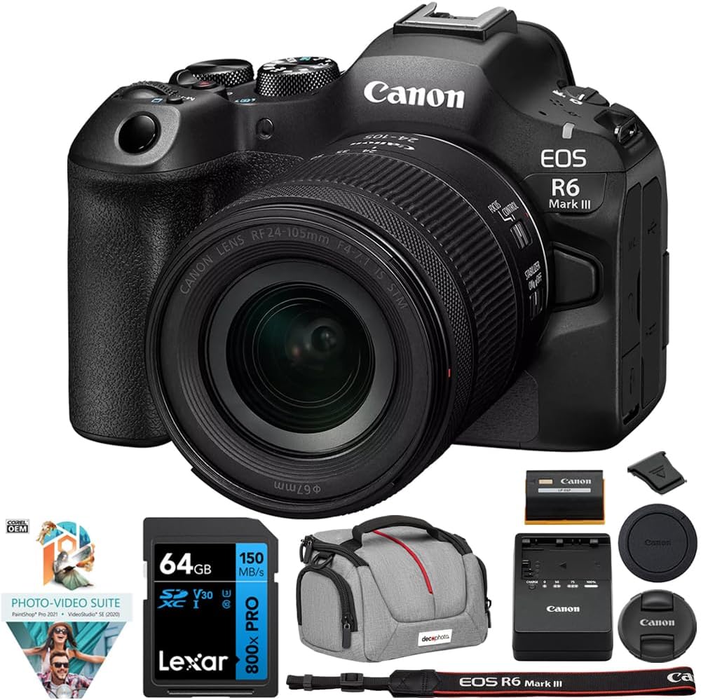 Canon EOS R6 Mark III Mirrorless Camera with RF24-105mm F4-7.1 is STM Lens 7084C018 Bundle with Lexar 64GB SDXC Card, Deco Essentials Camera Bag and Corel Photo Video Suite