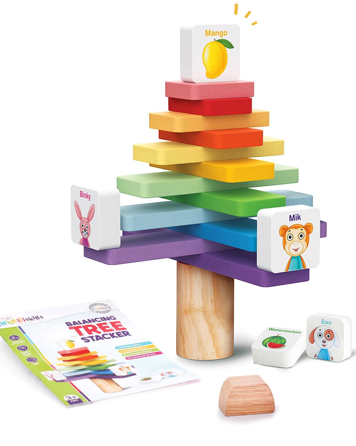 FIRSTCRY INTELLISKILLS Premium 19 Pcs Wooden Balancing Tree Stacker for Kids, Shapes, Gradient, Size & Color Sorting Blocks, Learning & Educational Puzzle for Boys & Girls, 3+ Years, Ideal for Gifting