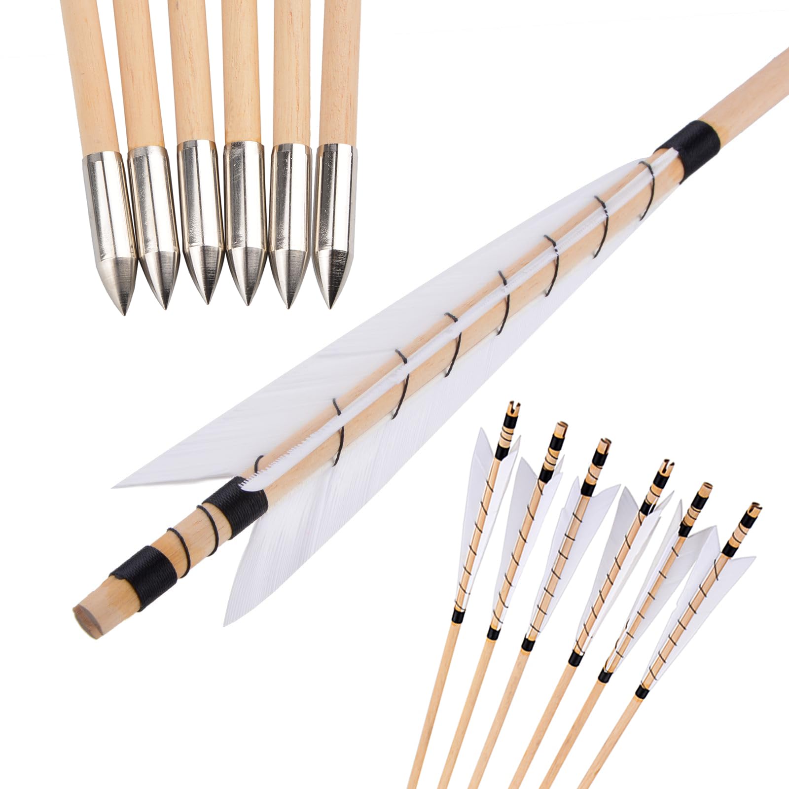 Frecce in legno da 32" per il tiro con l'arco Frecce Longbow inglese frecce di pratica di targeting con piume di tacchino Fletching punti di proiettile per Arco ricurvo tradizionale