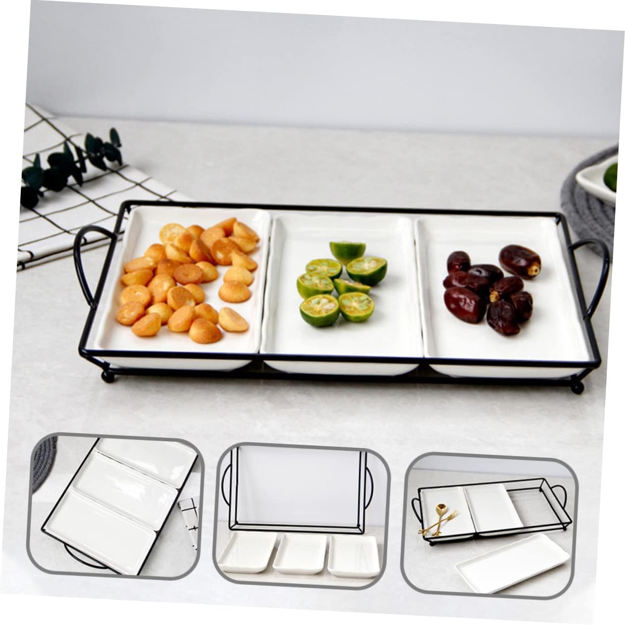 フルーツボウル、モダンなセラミックドライフルーツプレート、スナックキャンディナッツストレージトレイディスプレイスタンド、ホームリビン フルーツ ボウル 、リーフセラミックフルーツバスケット、デスクトップスナックキャンディプレート、ナッツドライフルーツトレイ ... 1セット コンパートメント フルーツプレート サービングボウル 蓋付き スナックバスケット 棚 フルーツ収納 装飾スナックコンテナ