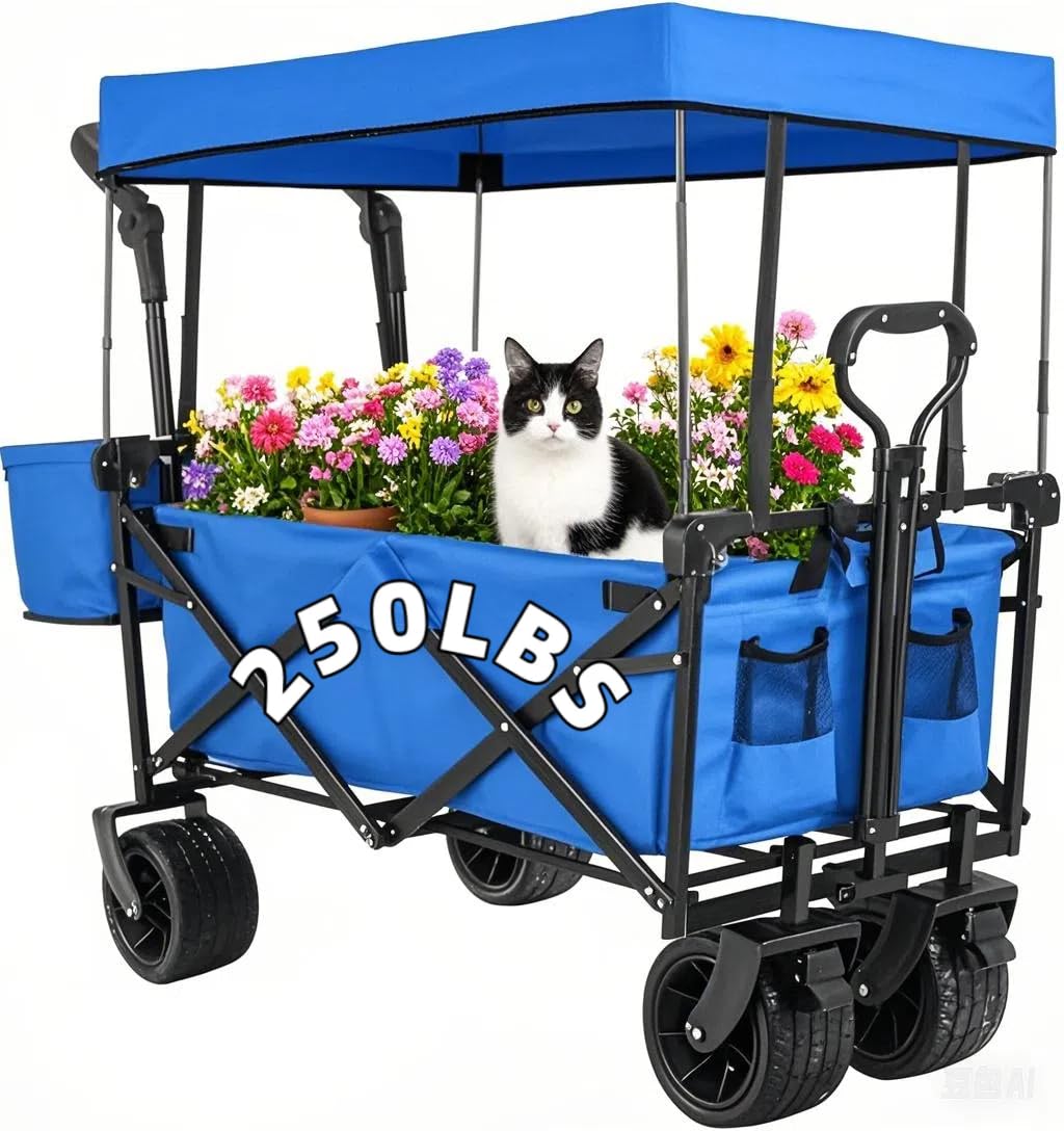 AthLike Extra Large Collapsible Wagon w/Removable Canopy, 250lbs/262L Capacity Foldable Garden Cart w/Rear Storage, Heavy Duty Push&Pull Utility Camping Beach Stroller w/Big Wheel&Adjustable Handles