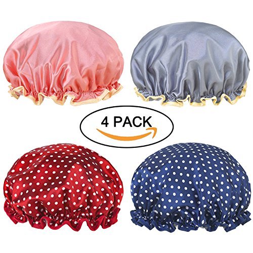 Miracu 4 Pack Lined Satin Shower Caps, Double Layers Waterproof Bath Cap Elastic Reusable Salon Spa Shower Hat for Women