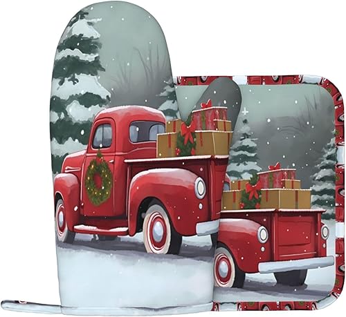 Miniatura 7 de Manoplas para horno, juego de soportes para ollas de Navidad, camión rojo, muñeco de nieve, guantes de horno de silicona, copo de nieve, árbol de