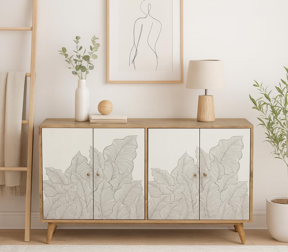 Image of Ranthambore Sideboard Cabinet | Sideboard Cabinet for Living Room | Solid Wood Sideboard | Finish- Natural and White