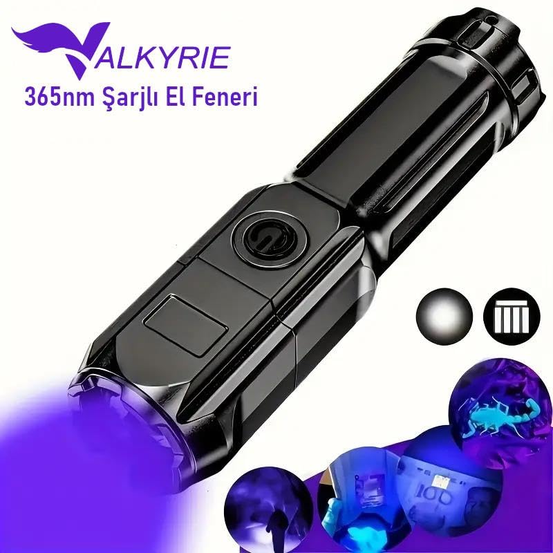 Valkyrie 365nm UV Mor Işık Şarjlı El Feneri – 1200mAh Batarya, Type-C Şarj, Hafif ve Güçlü Tasarım