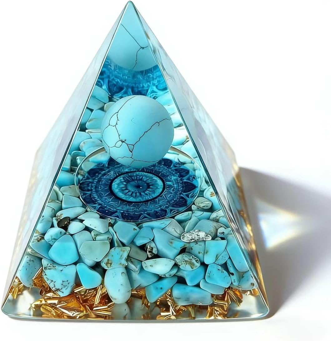 Crystal Pyramid Stones Tree of Life, 6CM Turquoise Orgonite Energy Quartz Crystals Positive Energy Generator for Healing Meditation Chakra Balance& Protection, Reiki Home Office Desk Decor