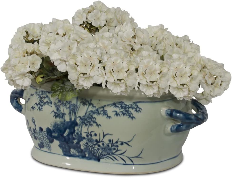 Blue and White Bird and Flower Motif Chinese Porcelain Footbath Planter