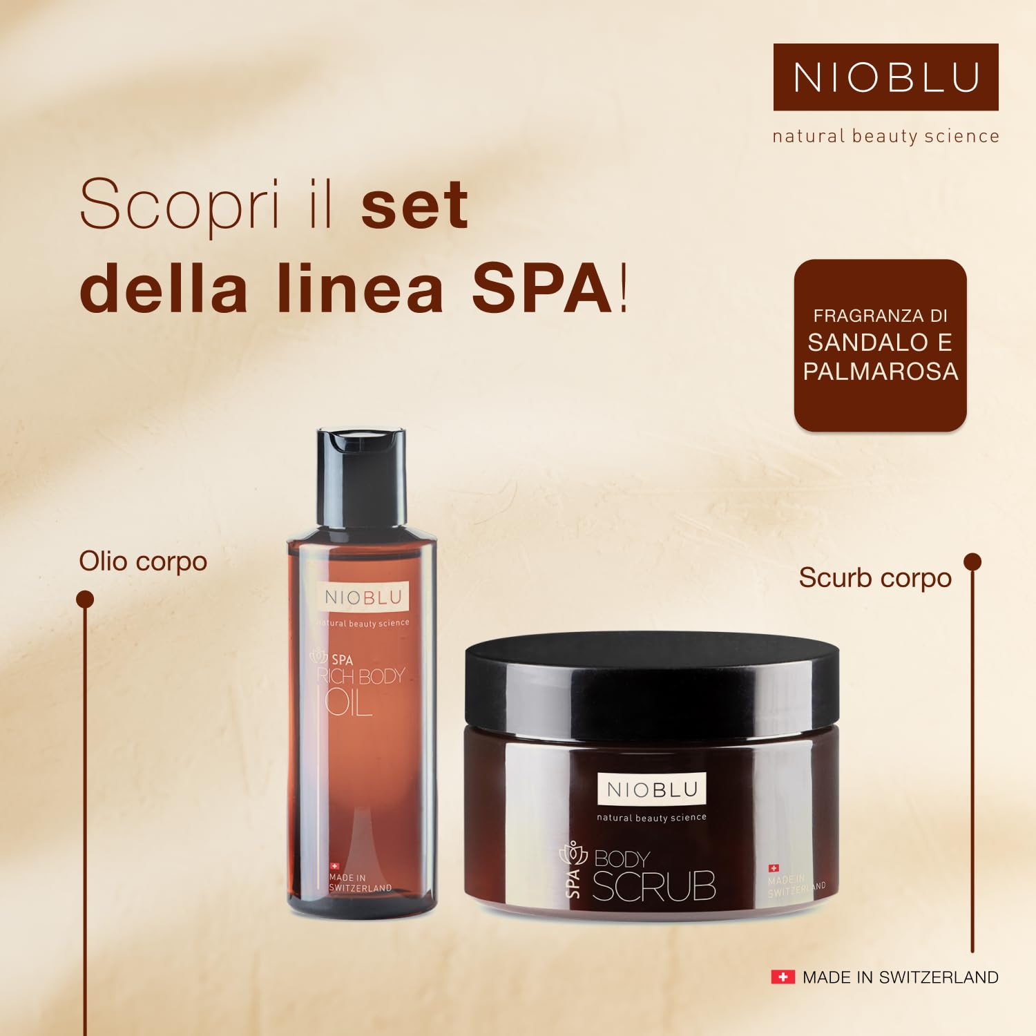 Set SPA: Scrub corpo 200 ml con sale delle Alpi e olio di mandorle + Olio corpo 200 ml con mandorle, macadamia, jojoba e avocado. Esfolia e nutre la pelle.