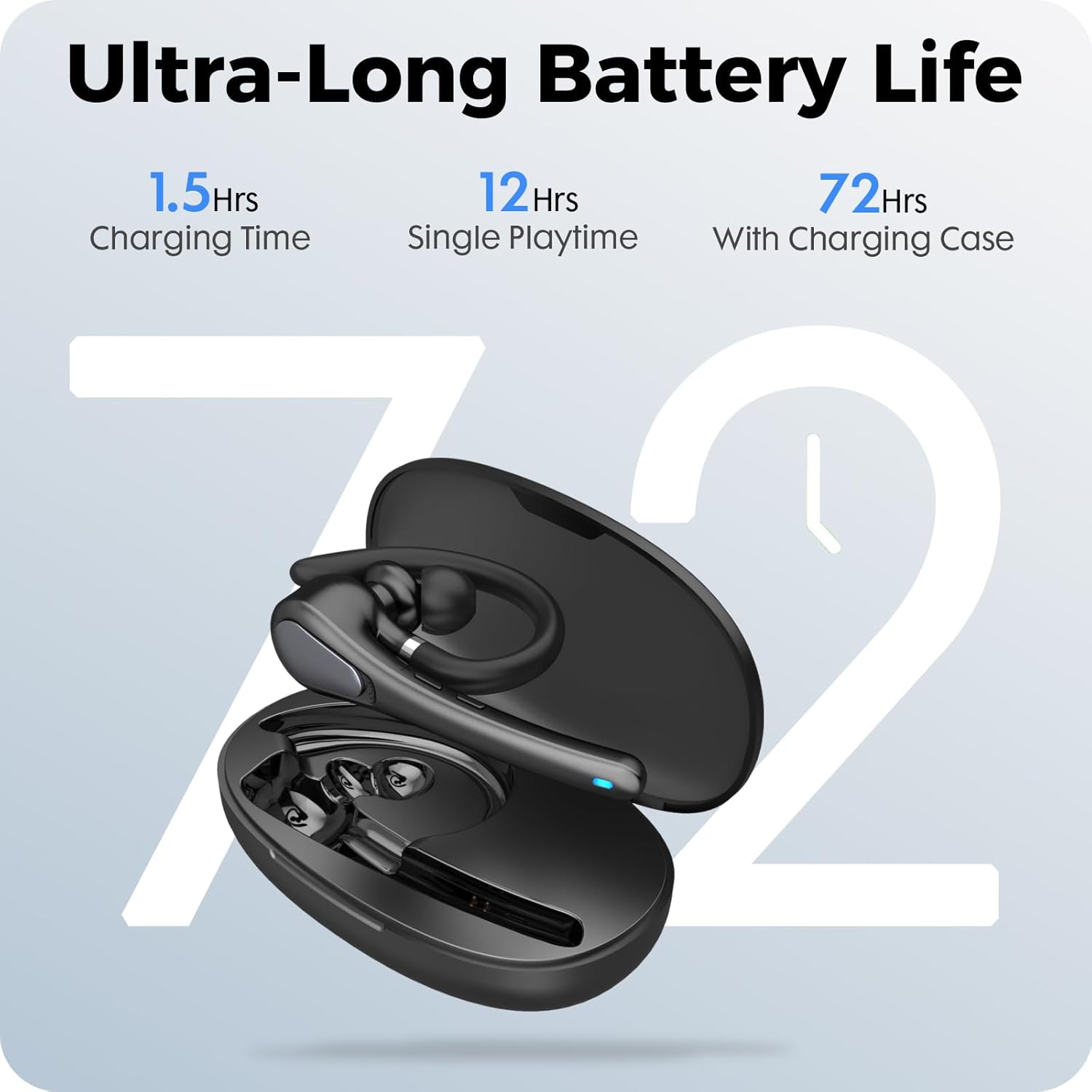 Bluetooth Headset, V6.0 Wireless Bluetooth Earpiece with 400mAh Charging Case 72 Hours Talking Time Built-in Microphone for iOS Android Cell Phone, Hand-Free Headphones for Trucker, Office - Image 2