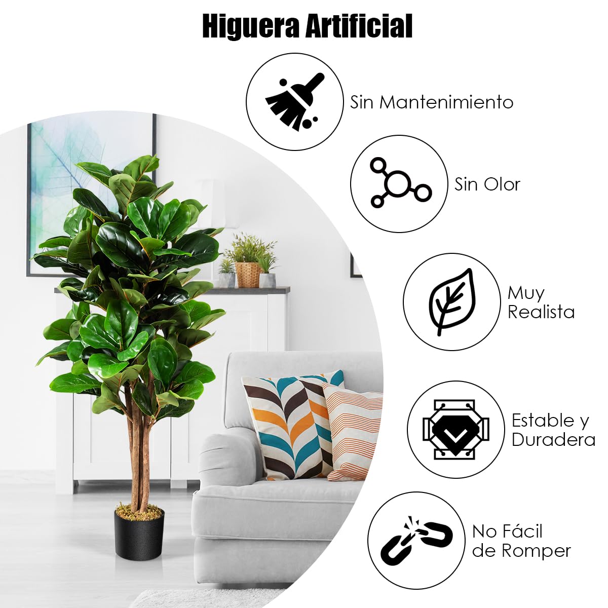 COSTWAY Planta Artificial Ficus Lyrata 120cm, 118 Hojas, Planta Artificial Decorativa Macetero de Flores Interior y Exterior Hogar Salon Dormitorio