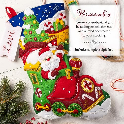 Image of Bucilla Felt Applique 18 inch Stocking Making Kit, Santa's Peppermint Express, Perfect for DIY Arts and Crafts, 89611E