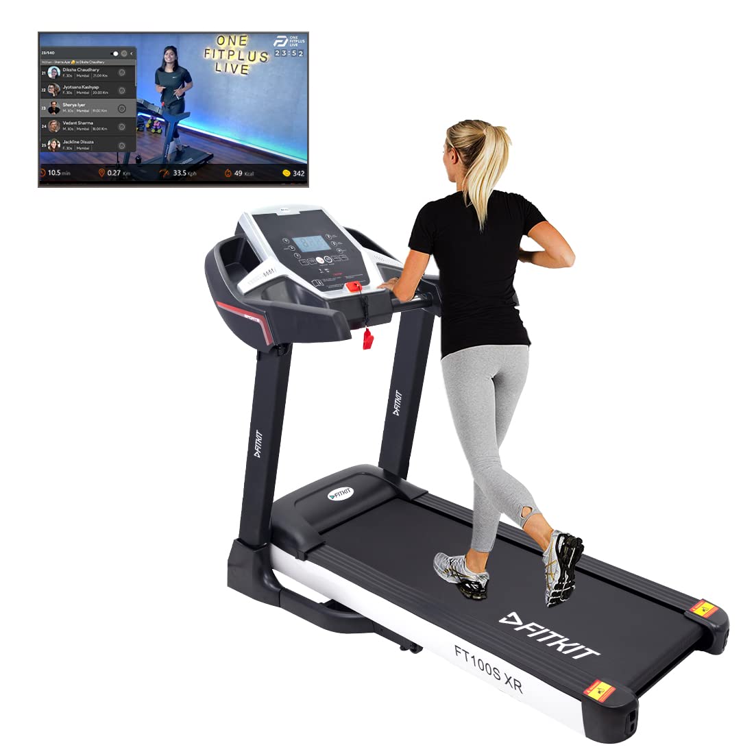 FitKitFT100S XR Series (3.25HP Peak) DC-Motorised Treadmill (Max Speed:14 km/hr, Max Weight: 110 Kg) with Free Home Installation and Trainer Led Sessions by Onefitplus, Black