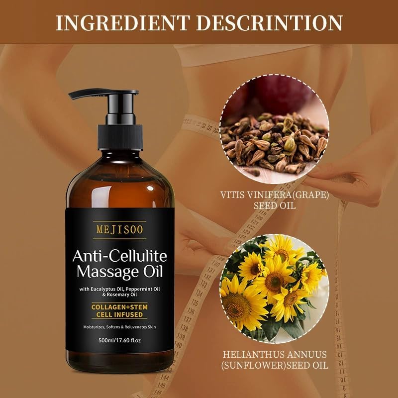 Anti Cellulite Massage Oil, Cellulite Remover for Legs and Firming Body Oil, with Plant-Based Ingredients and Fresh Fragrance, Moisturizes and Softens Skin, 17.6 FL OZ - Image 4