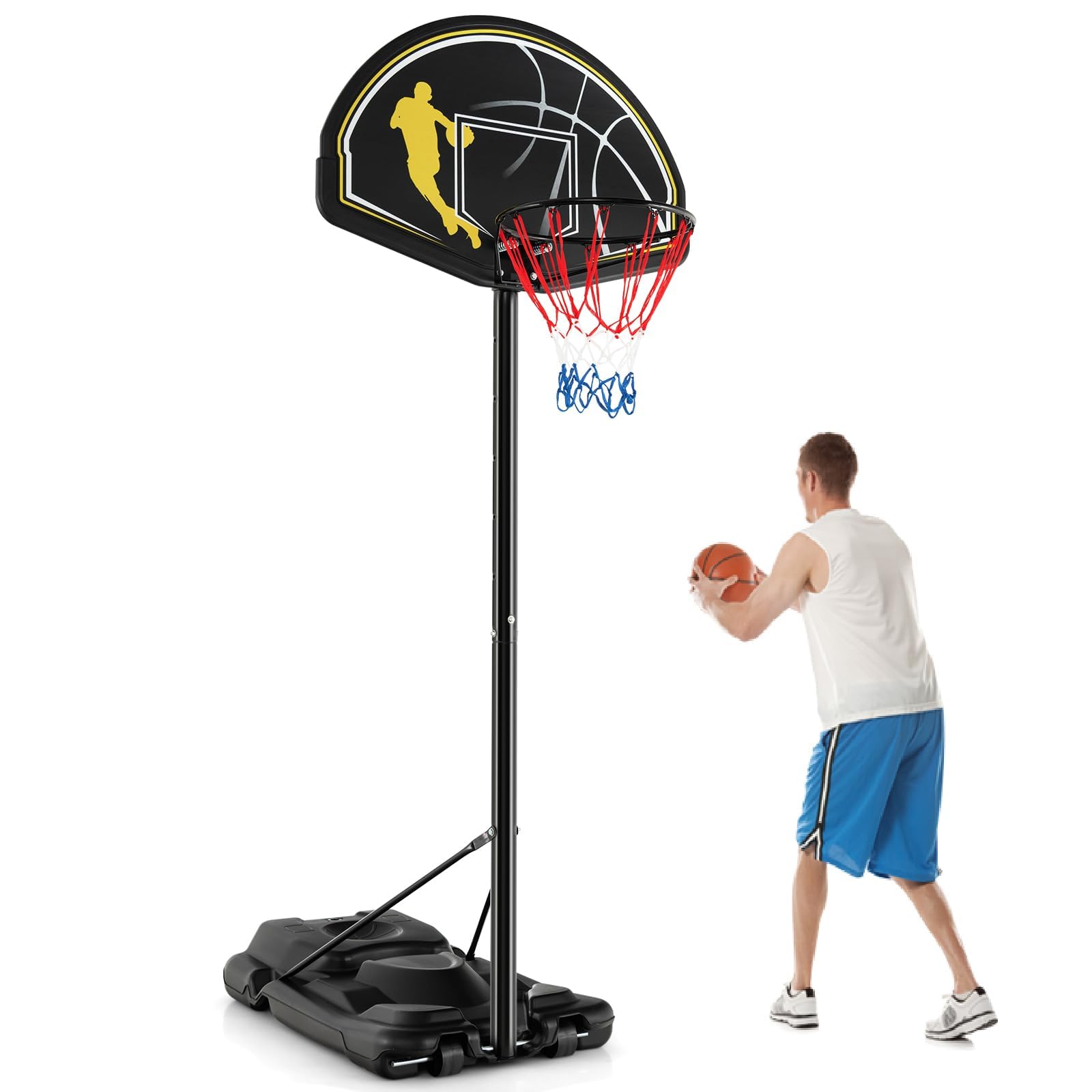 COSTWAY Panier de Basket-Ball sur Pieds Hauteur Réglable 130-305cm, Support de Basket Portable avec Roues et Base Rechargeable Résistant aux Intempéries, pour Intérieure & Extérieure