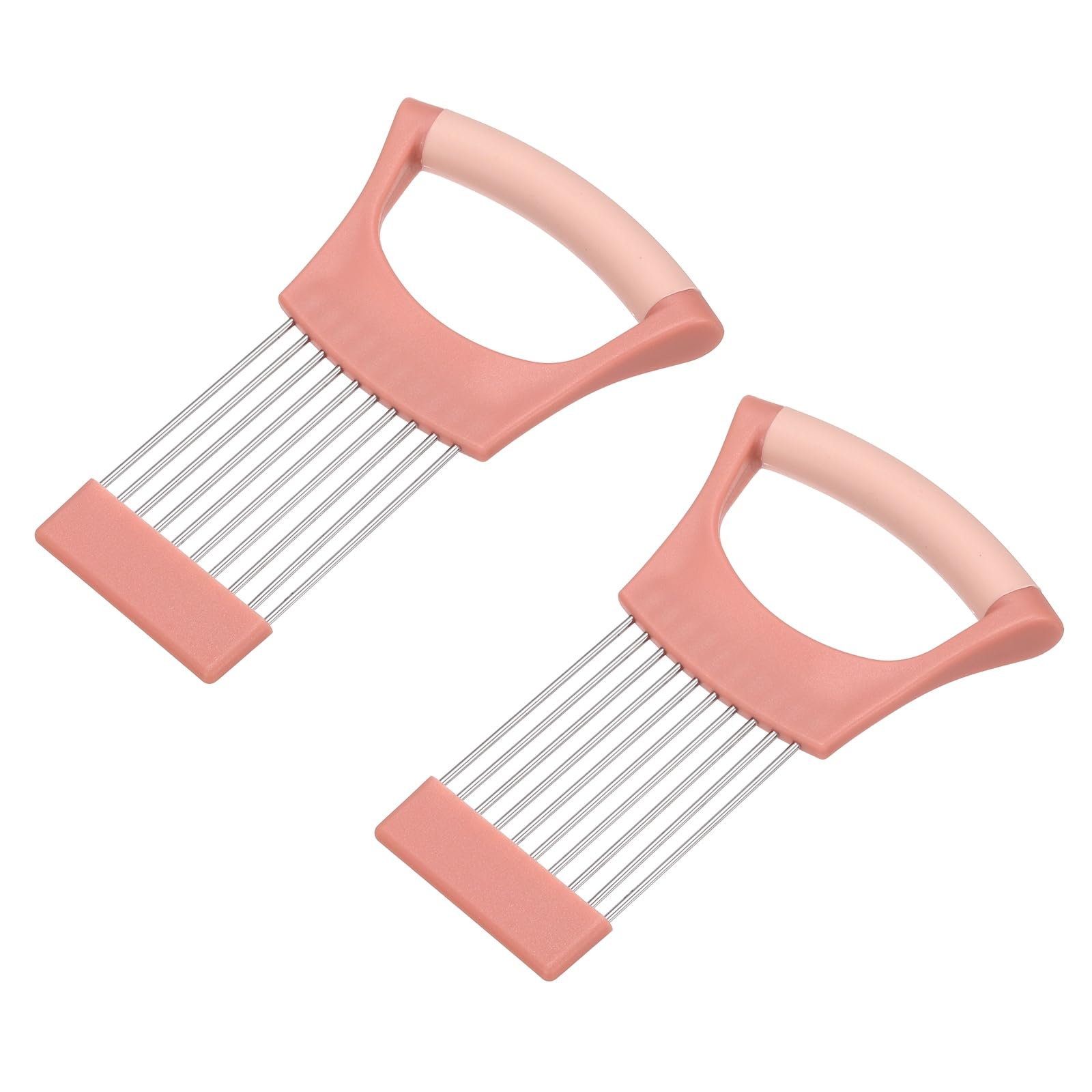 sourcing map 2 Pcs Onion Slicer Holder, Stainless Steel Vegetable Cutting Holder Food Cutter Tool for Slicing Storing Onions Tomatoes Potatoes Avocados Apples, Pink