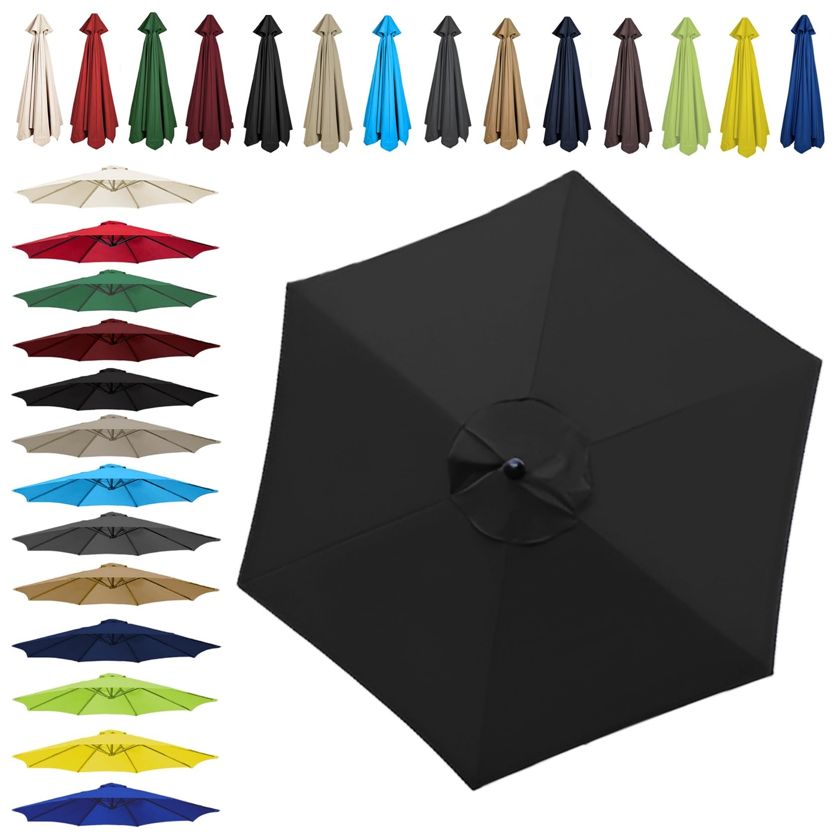 Sun Umbrella Replacement Cloth - 200cm | 2.7m | 300cm (6.5'/8.8'/9.8') - Umbrella Replacement Canopy For 6 Arms/8 Arms, Waterproof UV Protective Polyester Cloth(Color:Black,Size:6 ribs-2.7m(8.8ft)) — image 1