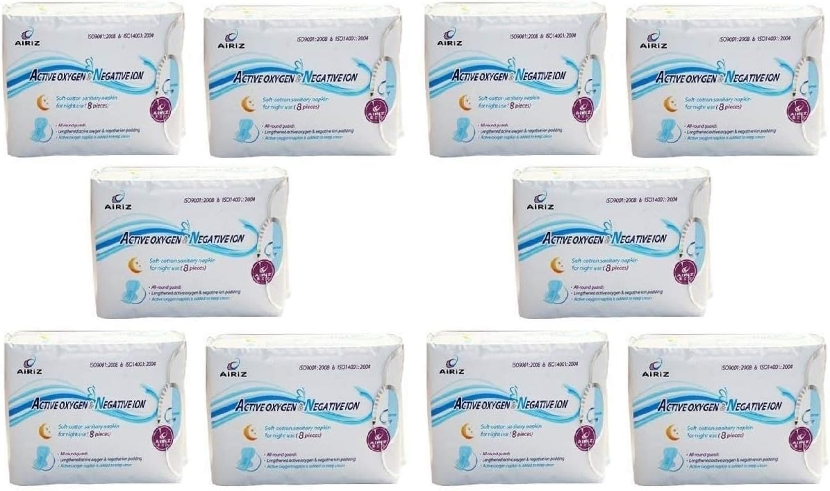 AiRiZ Active Oxygen & Negative ION Relax Soft Cotton Sanitary Napkin for Night USE -(80 Pads in 10 Pack) Sanitary Napkin/Pad