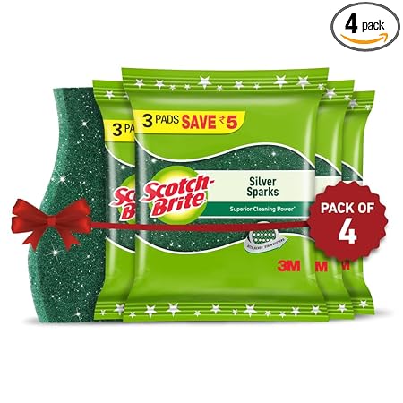 Scotch-Brite Silver Sparks Scrub Pad- Scrubber for Utensil Cleaning, 3N (Pack of 4)