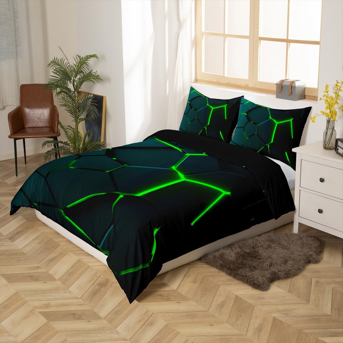 Loussiesd Hexagon Geometric Duvet Cover Women Girl Neon Hexagonal Bedding Single Green Black Modern Beehive Patterns Bedding Set Rug Print Zipper Closure - Image 3