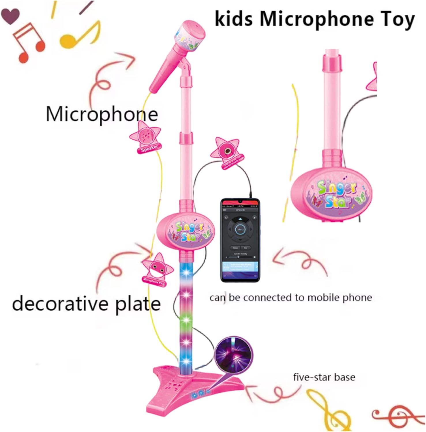 Guitar and Microphone for Kids, Toy Guitar with Music & Light, Adjustable Height 2 in 1 Kids Microphone with Stand, Learning Toy Instruments