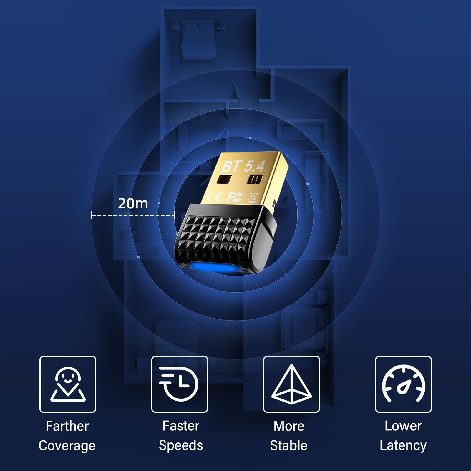 Chiavetta Bluetooth 5.4 per PC, Adattatore USB Bluetooth a Bassa Latenza, Dongle Wireless per Windows 11/10/8.1/7, Compatibile con Cuffie, Mouse, Tastiere, Controller, Stampanti e Altri Dispositivi