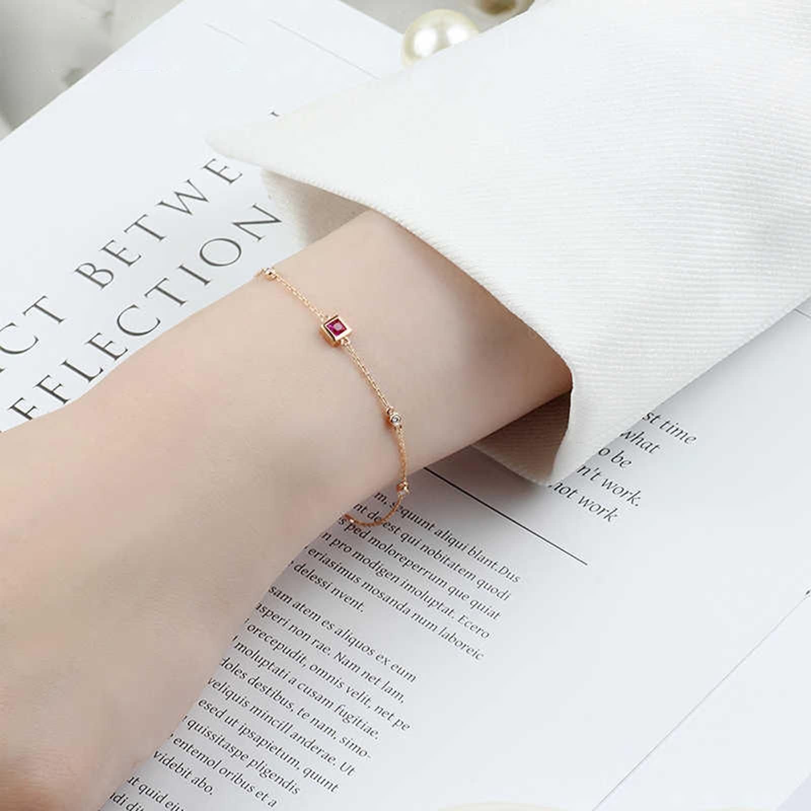 Pulseras de Oro Rosa 9K / 14K / 18K Mujer, Cuadrado con Rubí y Diamante, Cadena Extensible 16 CM + 5 CM, Pulseras Oro Rosa Ajustable Mujer
