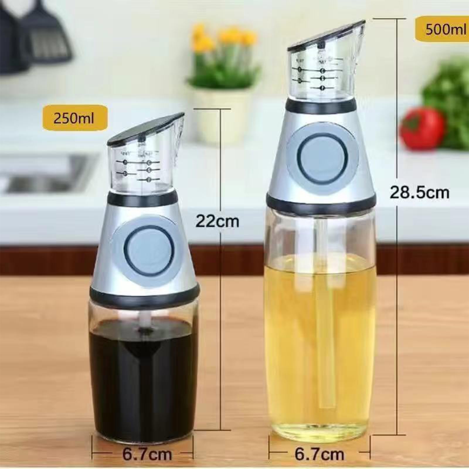 soulnioi Oil Dispenser Bottle For Kitchen/2 In 1 Push Button Glass Oil Bottle/Portable Oil Bottle Measuring Oil Vinegar Dispenser For Air Fryer,Cooking,BBQ Grey 250ml+500ml - Image 2